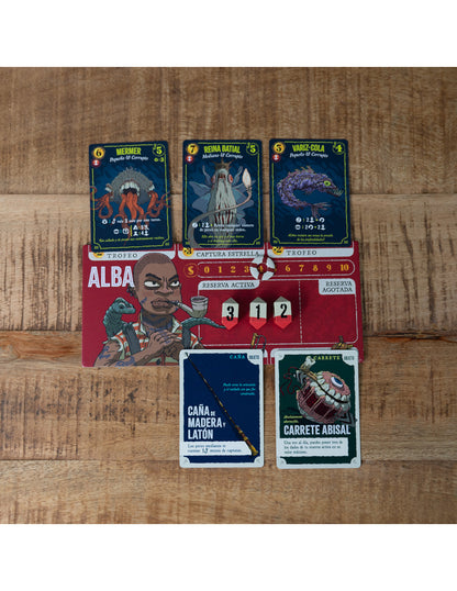 Cartas de criaturas marinas y personajes de Deep Regrets con marcadores