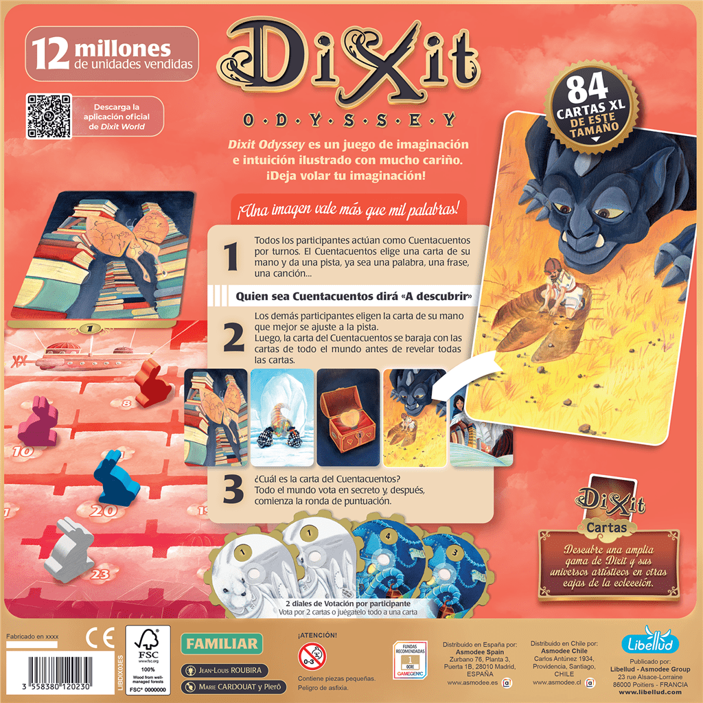 Dorso de la caja de Dixit Odyssey mostrando las 84 cartas XL y reglas del juego