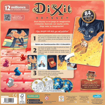 Dorso de la caja de Dixit Odyssey mostrando las 84 cartas XL y reglas del juego