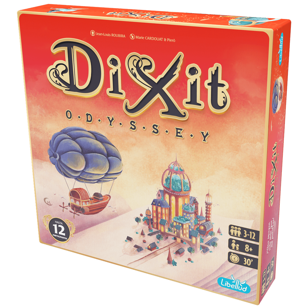 Caja del juego de mesa Dixit Odyssey para hasta 12 jugadores con ilustraciones fantásticas