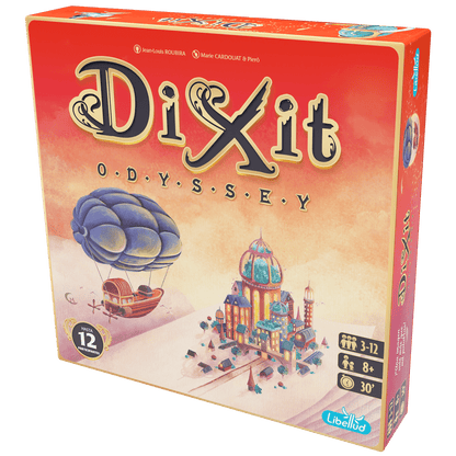 Caja del juego de mesa Dixit Odyssey para hasta 12 jugadores con ilustraciones fantásticas