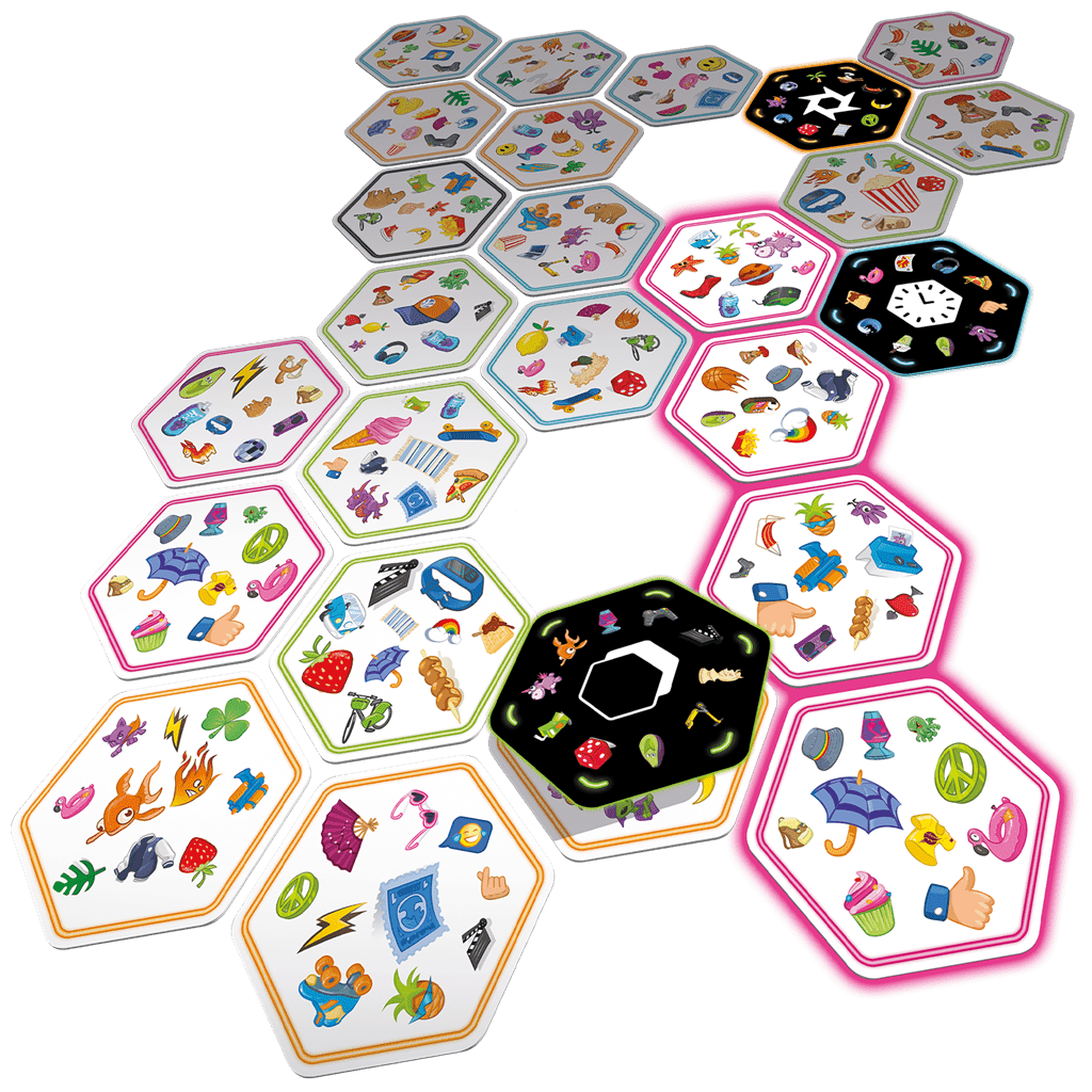 Cartas hexagonales Dobble Connect Power Up mostrando símbolos clásicos y cartas de poder especiales