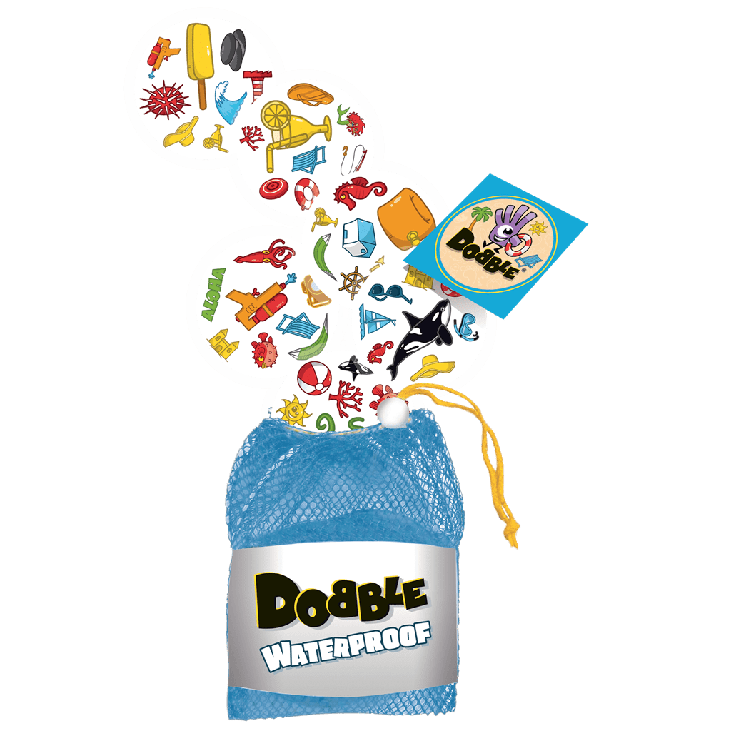 Bolsa de malla azul Dobble Waterproof con símbolos de playa volando