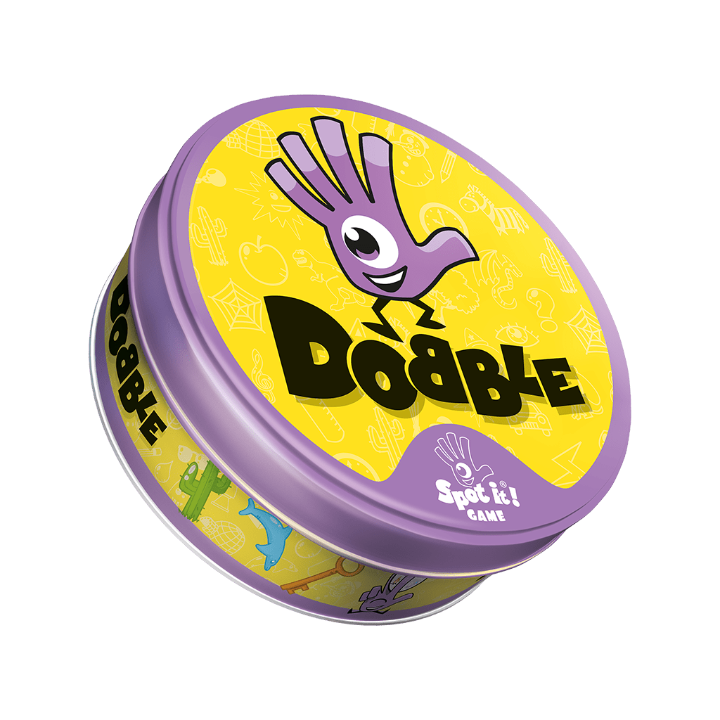 Lata cerrada del juego de cartas Dobble con diseño amarillo y mano sonriente