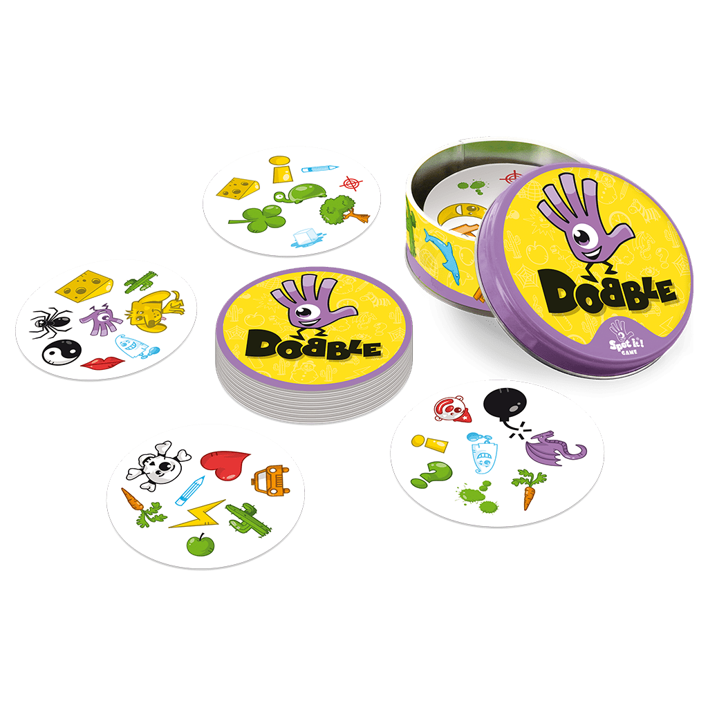Cartas redondas Dobble con símbolos variados como queso y araña sobre fondo blanco