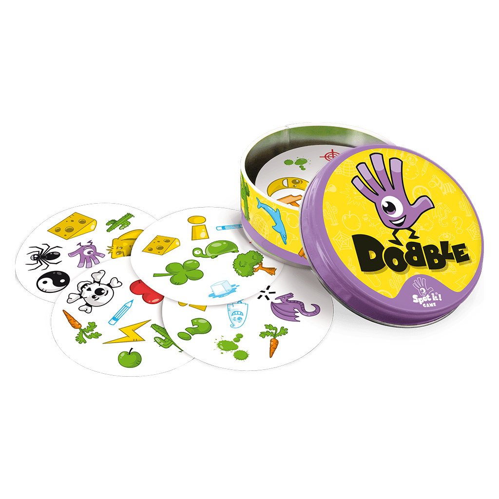 Lata de juego Dobble inclinada mostrando cartas con símbolos coloridos dispersos