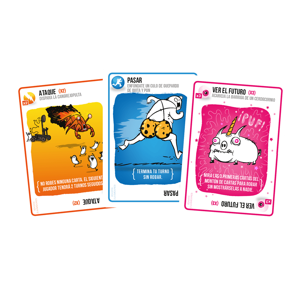 Cartas de acción del juego Exploding Kittens mostrando ataques, pasar y ver el futuro sobre fondo blanco