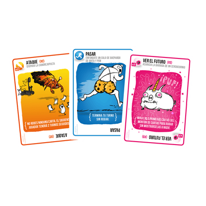 Cartas de acción del juego Exploding Kittens mostrando ataques, pasar y ver el futuro sobre fondo blanco