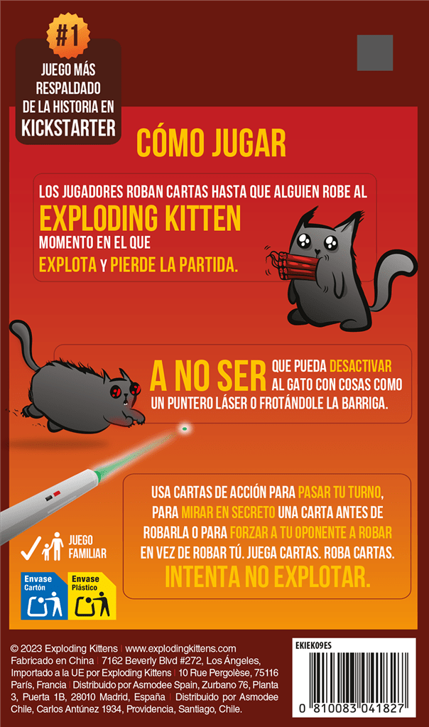 Panel trasero de la caja del juego Exploding Kittens con instrucciones de cómo jugar e ilustraciones de gatos