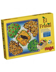 Caja del juego de mesa infantil El Frutal HABA con ilustración colorida de árboles y cuervo