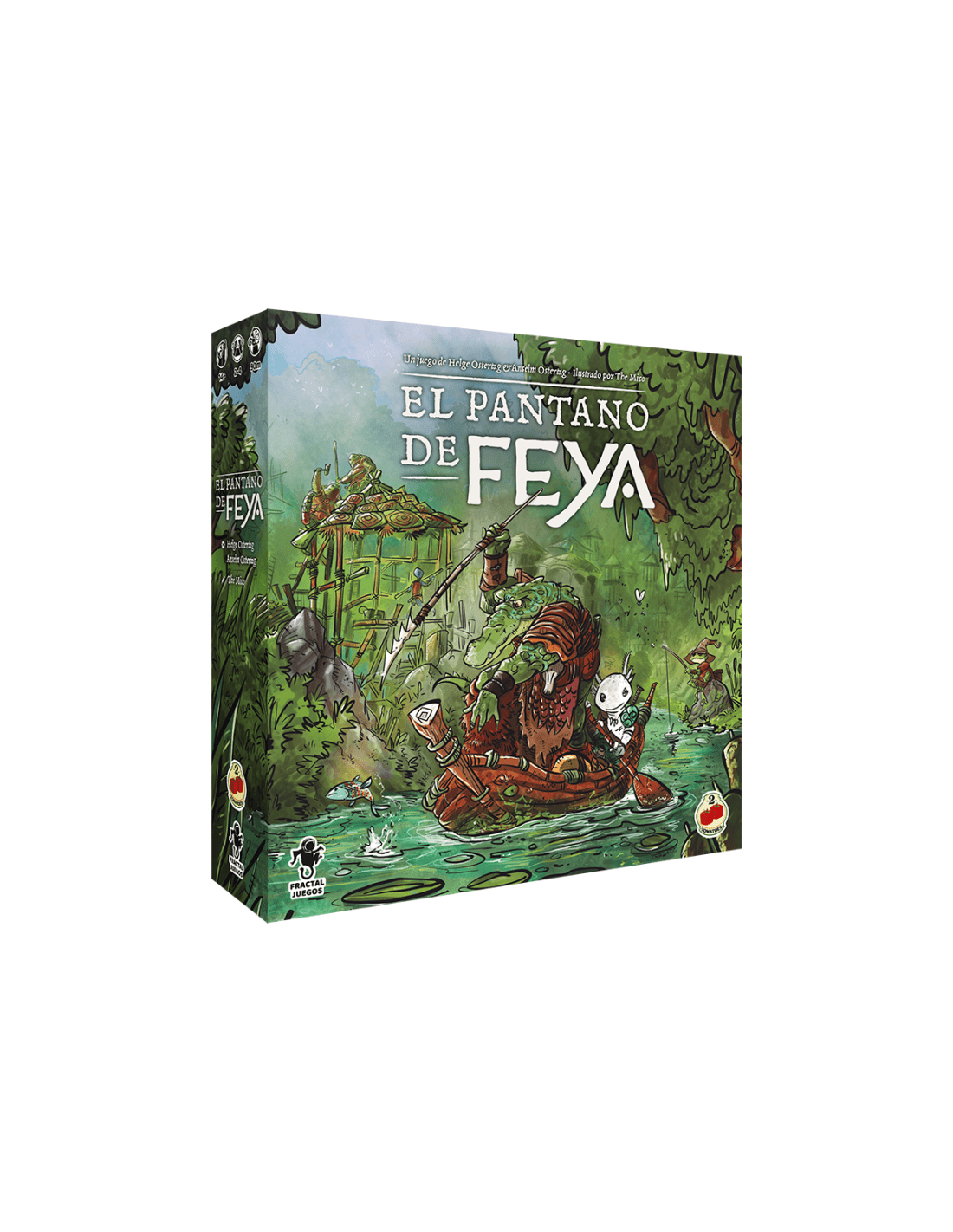 Vista frontal de la caja del juego de mesa El Pantano de Feya con arte de pantano