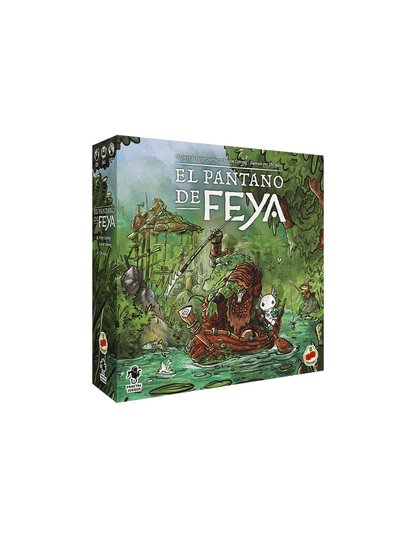 Vista frontal de la caja del juego de mesa El Pantano de Feya con arte de pantano
