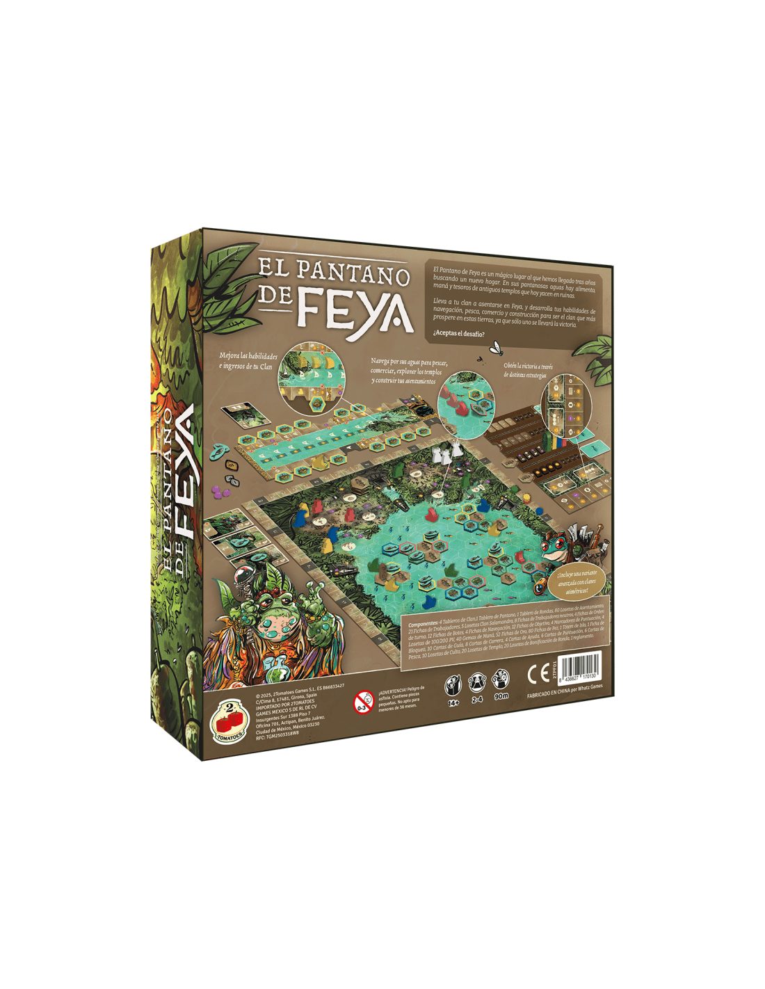 Parte trasera de la caja del juego El Pantano de Feya con reglas y detalles técnicos