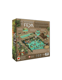 Parte trasera de la caja del juego El Pantano de Feya con reglas y detalles técnicos
