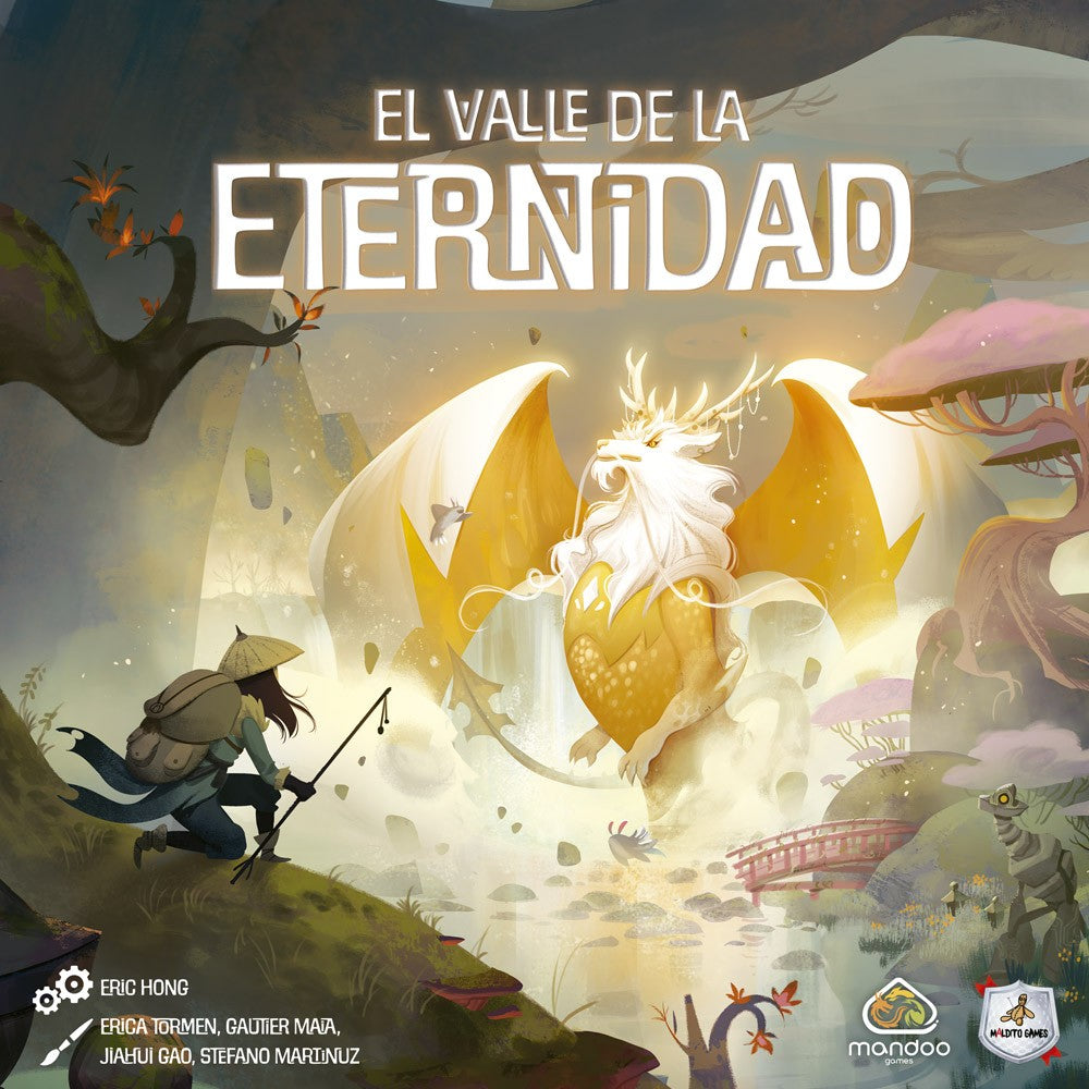 Portada juego de mesa El Valle de la Eternidad con criatura dorada y paisaje fantástico