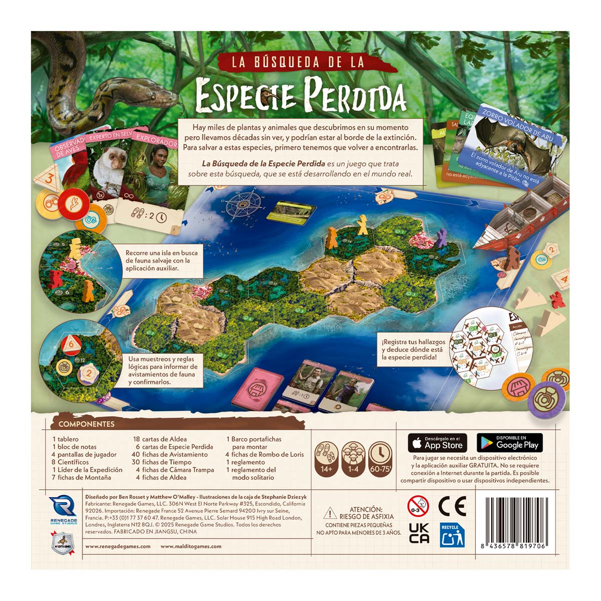 Contraportada juego de mesa La Búsqueda de la Especie Perdida con mapa islas y componentes
