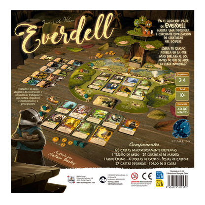 Everdell juego de mesa vista trasera caja con árbol eterno y componentes para 2-4 jugadores