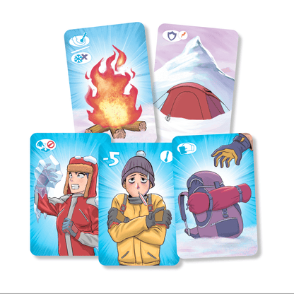 Cartas de acción e impacto del juego de mesa Everest Go! con iconos de efecto