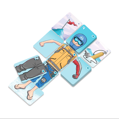 Cartas de equipamiento del juego Everest Go! formando figura humana sobre fondo blanco