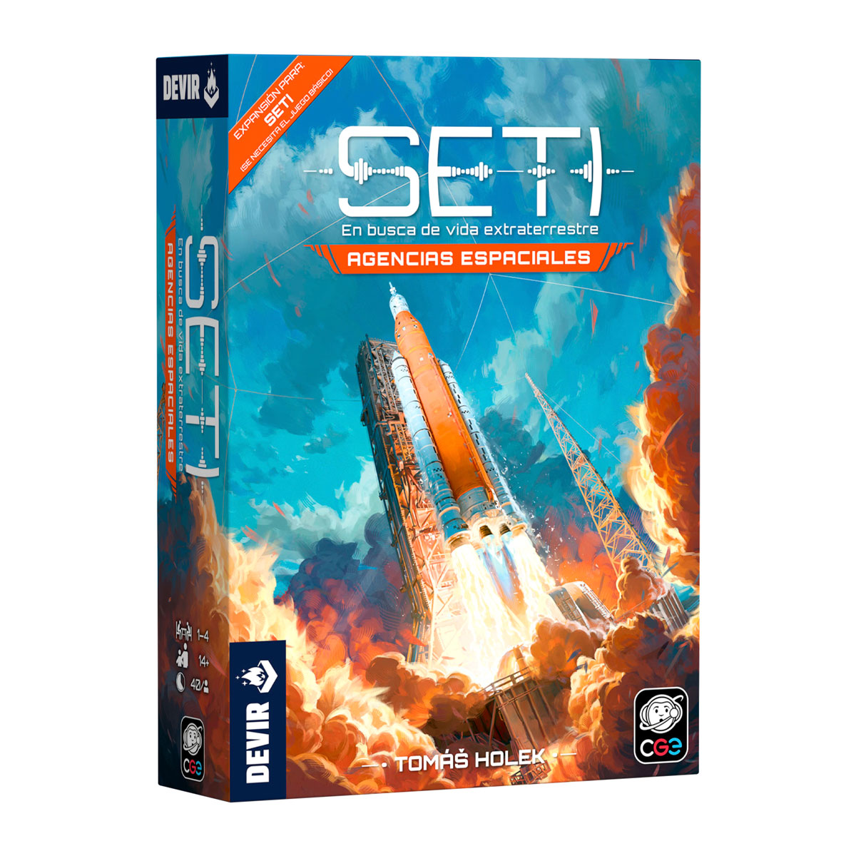 Caja expansión SETI Agencias espaciales Devir para juego base con cohete en portada