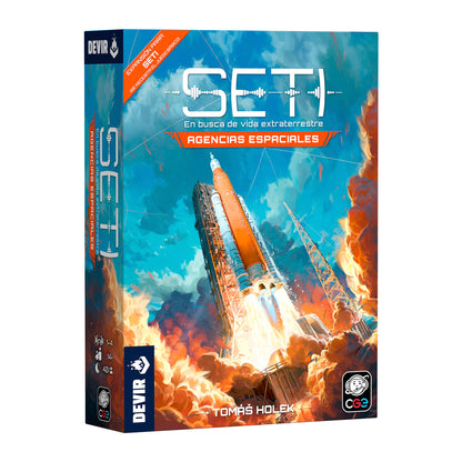 Caja expansión SETI Agencias espaciales Devir para juego base con cohete en portada
