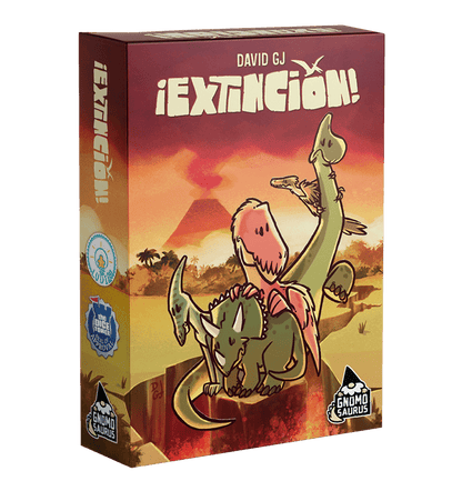Caja del juego de cartas familiar ¡Extinción! con arte de Triceratops y volcán