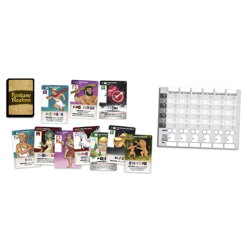 Componentes del juego de cartas Fantasy Realms Mitos Griegos incluyendo cartas de héroes y tablero de Inframundo