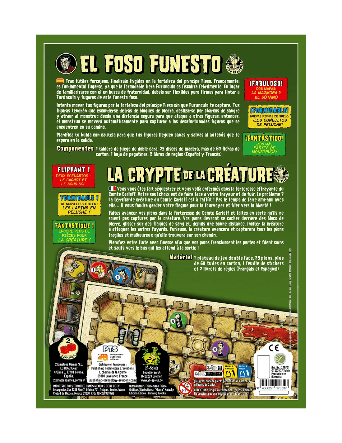 Fearsome Floors contraportada juego de mesa mazmorra con componentes y reglas