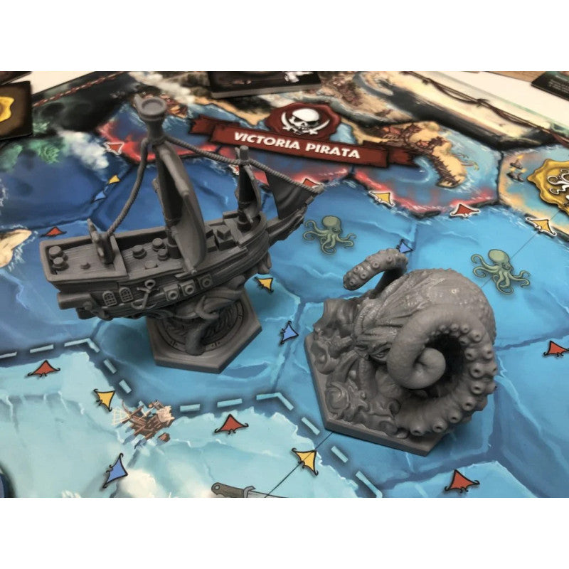Miniaturas de calamar y barco sobre tablero marino Feed the Kraken juego de mesa