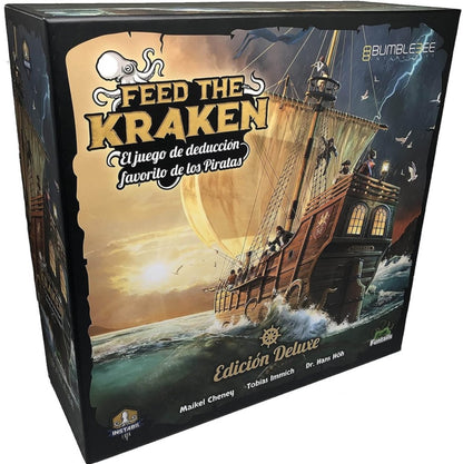 Caja del juego de mesa Feed the Kraken Edición Deluxe ilustración de barco en tormenta