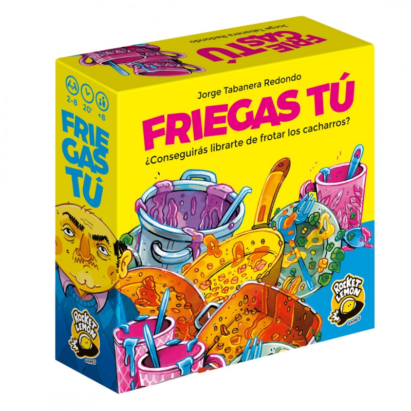 Caja amarilla del juego de cartas Friegas Tú con ilustraciones de cacharros