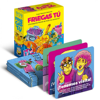 Cartas de evento del juego Friegas Tú mostrando instrucciones de juego