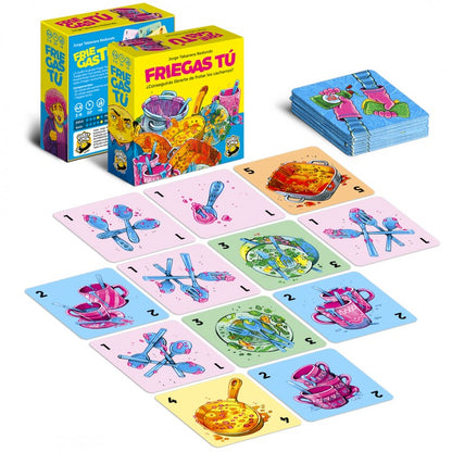 Contenido completo del juego Friegas Tú: baraja azul y cartas numeradas
