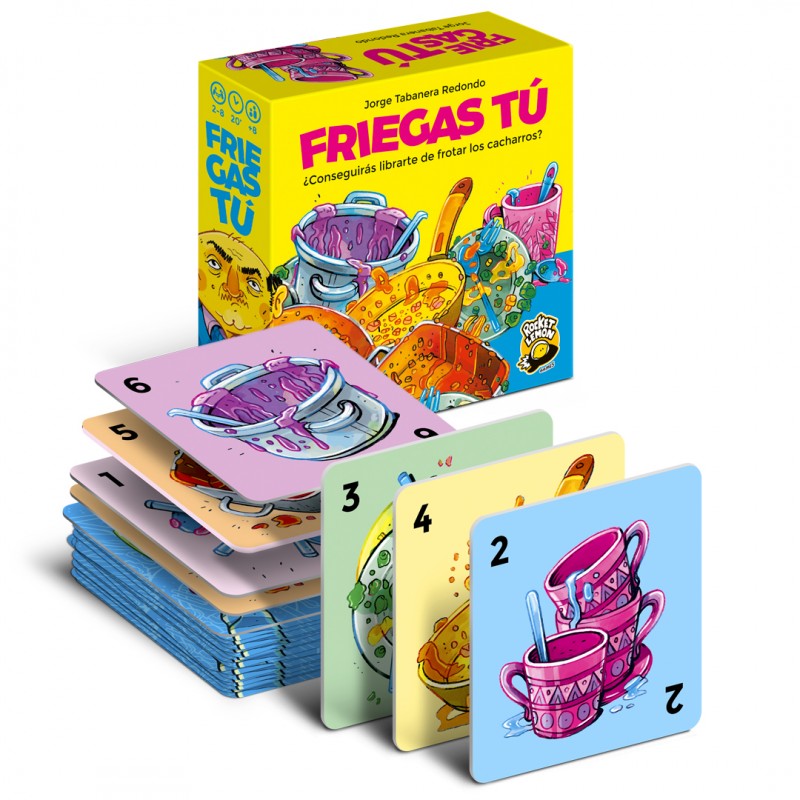 Primer plano de cartas de mano Friegas Tú con dibujos de platos sucios