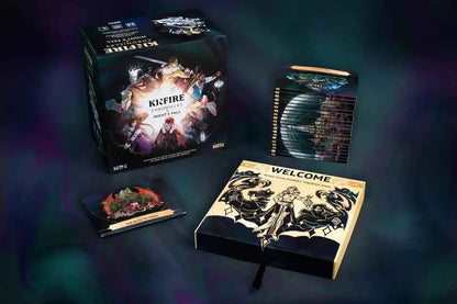 Juego de mesa cooperativo Kinfire Chronicles: Night's Fall con caja, módulo de viaje y componentes en vista general