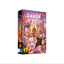 Caja del juego de mesa familiar Gangs of Kyoto con arte de gatos