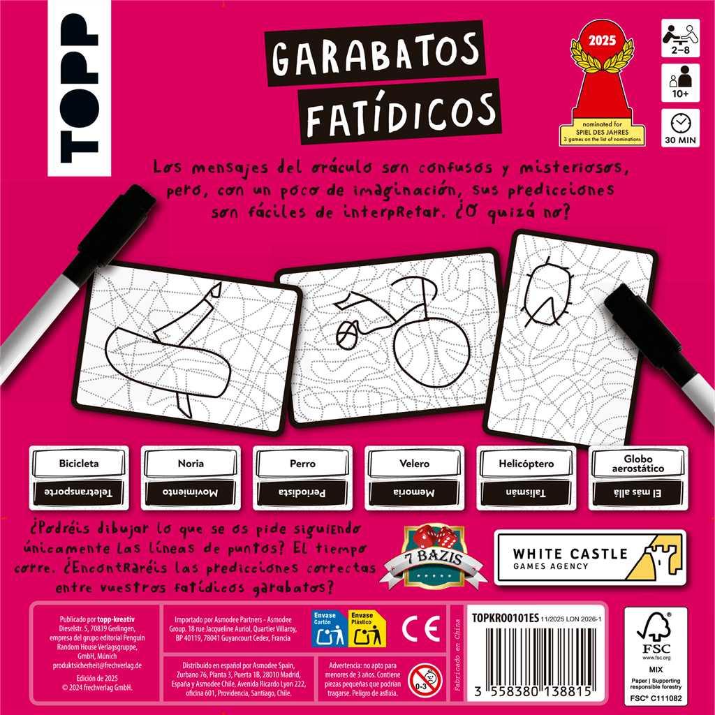 Contraportada juego Garabatos Fatídicos muestra tarjetas ejemplo y reglas en español