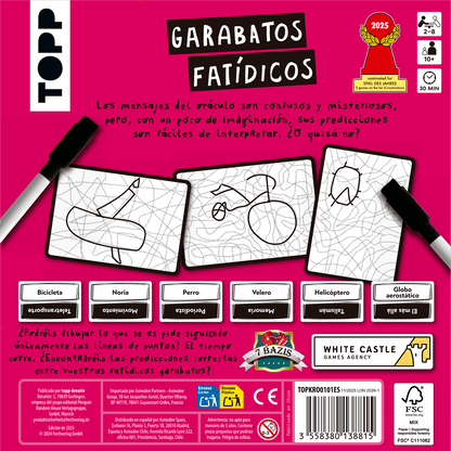 Contraportada juego Garabatos Fatídicos muestra tarjetas ejemplo y reglas en español