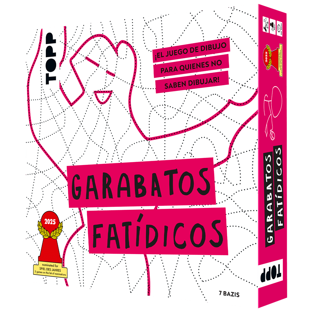 Caja del juego de mesa Garabatos Fatídicos diseño rosa y negro para no saber dibujar