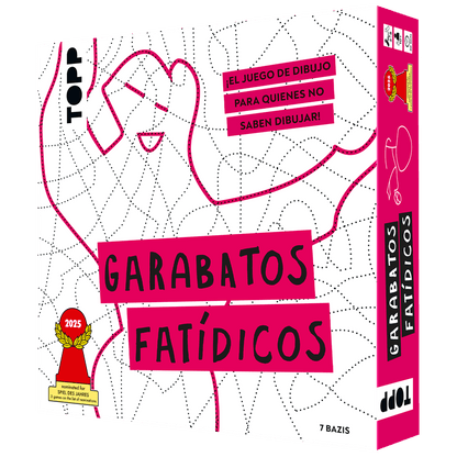 Caja del juego de mesa Garabatos Fatídicos diseño rosa y negro para no saber dibujar