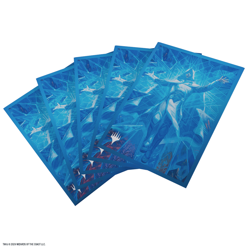 Fundas para cartas Overwrite tonos azules geométricos con figura entre cristal fracturado