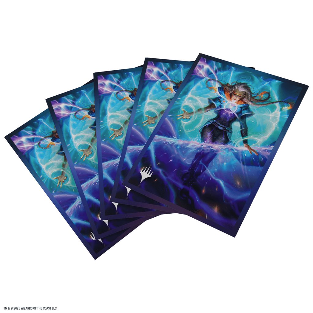 Fundas para cartas ilustradas Chandra con energía eléctrica cian y violeta en abanico