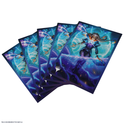 Fundas para cartas ilustradas Chandra con energía eléctrica cian y violeta en abanico