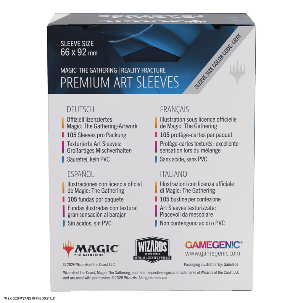 Vista trasera caja fundas MTG Reality Fracture tamaño 66x92 mm sin ácido ni PVC