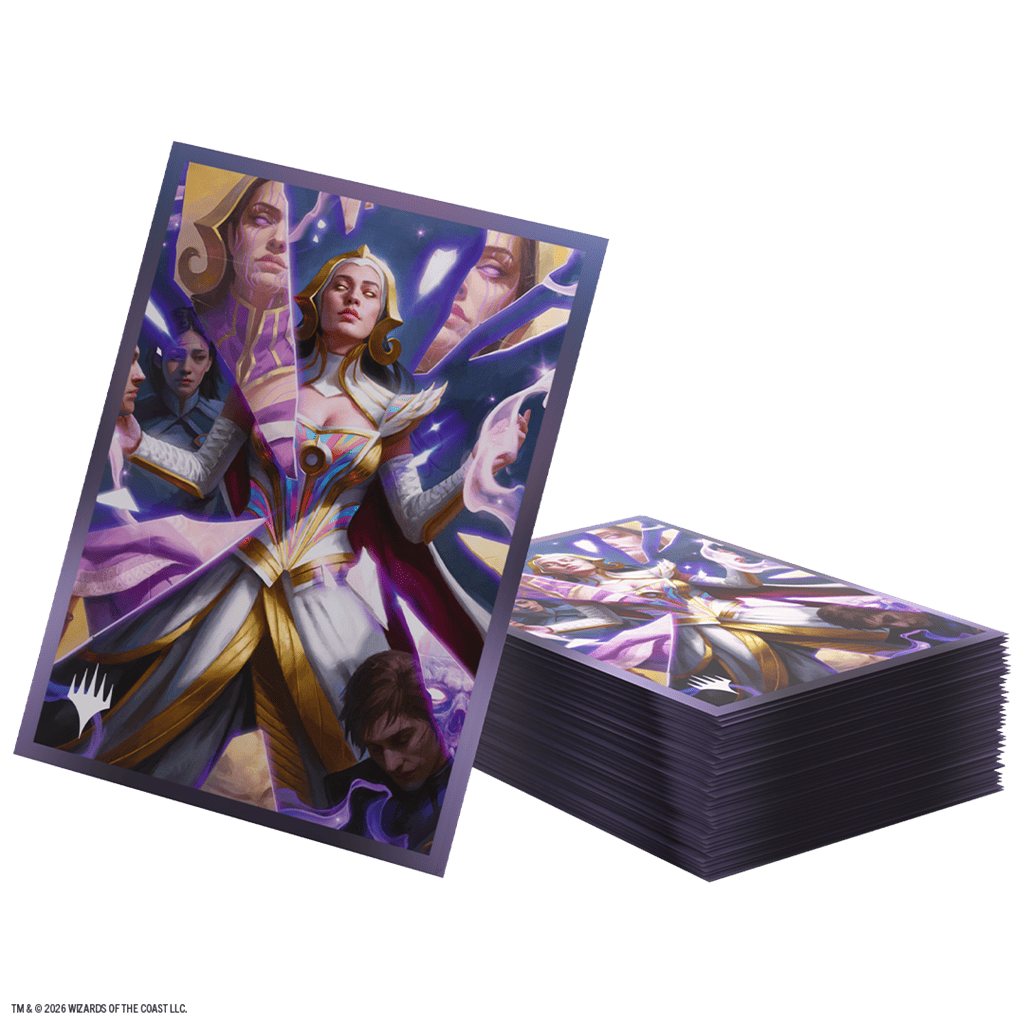 Fundas Gamegenic Reality Fracture Ajani con arte púrpura y dorado para cartas MTG