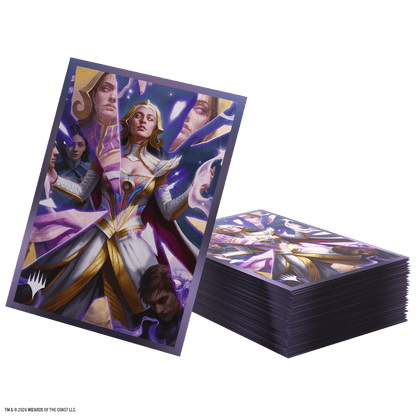 Fundas Gamegenic Reality Fracture Ajani con arte púrpura y dorado para cartas MTG