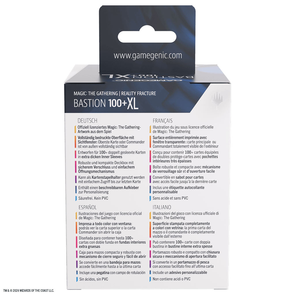 Panel trasero caja de cartas Gamegenic Bastion con especificaciones multilingües y colgador