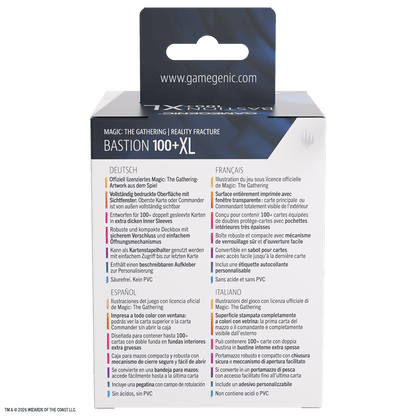 Panel trasero caja de cartas Gamegenic Bastion con especificaciones multilingües y colgador