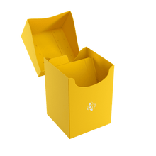 Caja para mazos amarilla Gamegenic abierta con estructura interna de divisiones y tapa