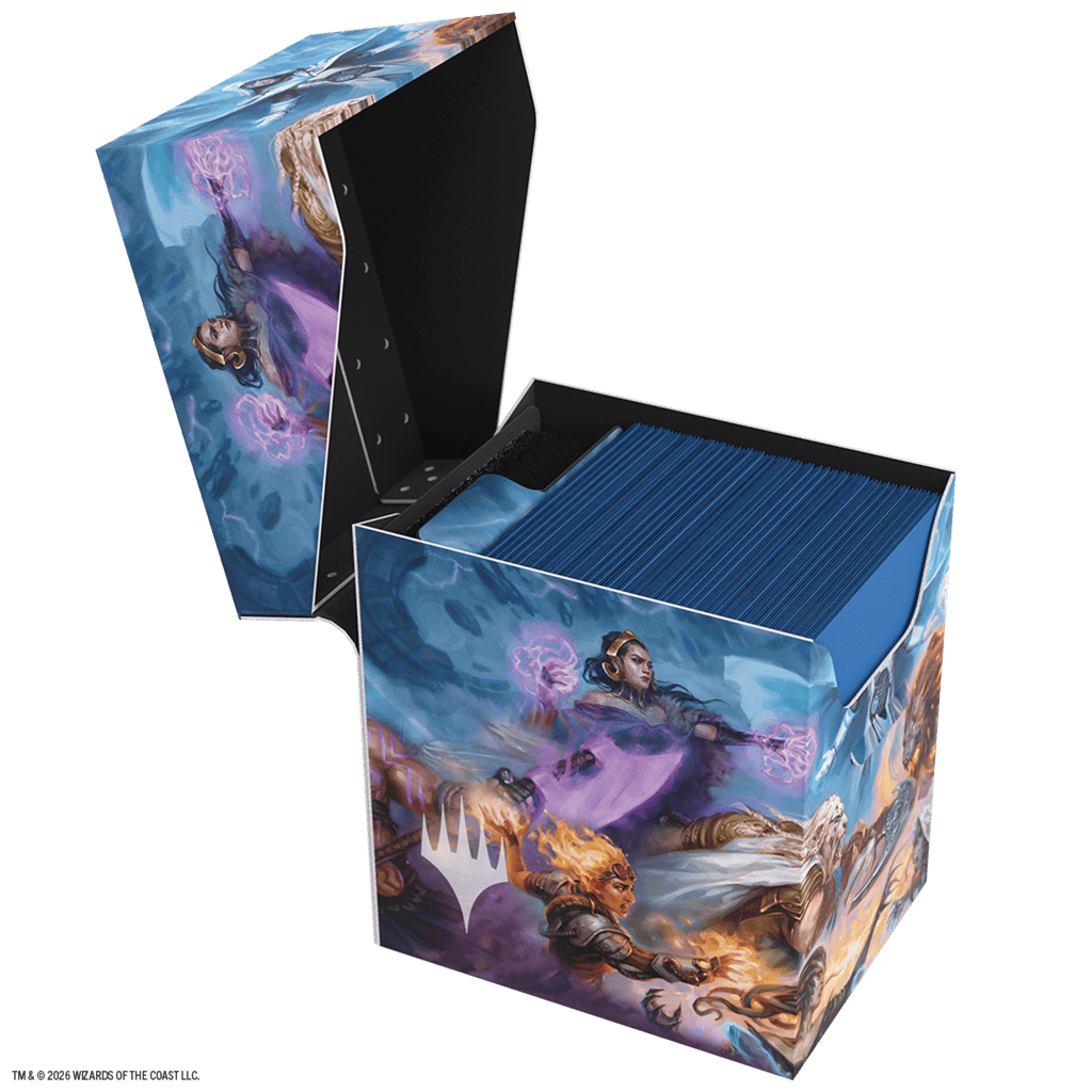 Caja de mazos Gamegenic Reality Fracture abierta con separador Sizemorph y cartas en fundas azules